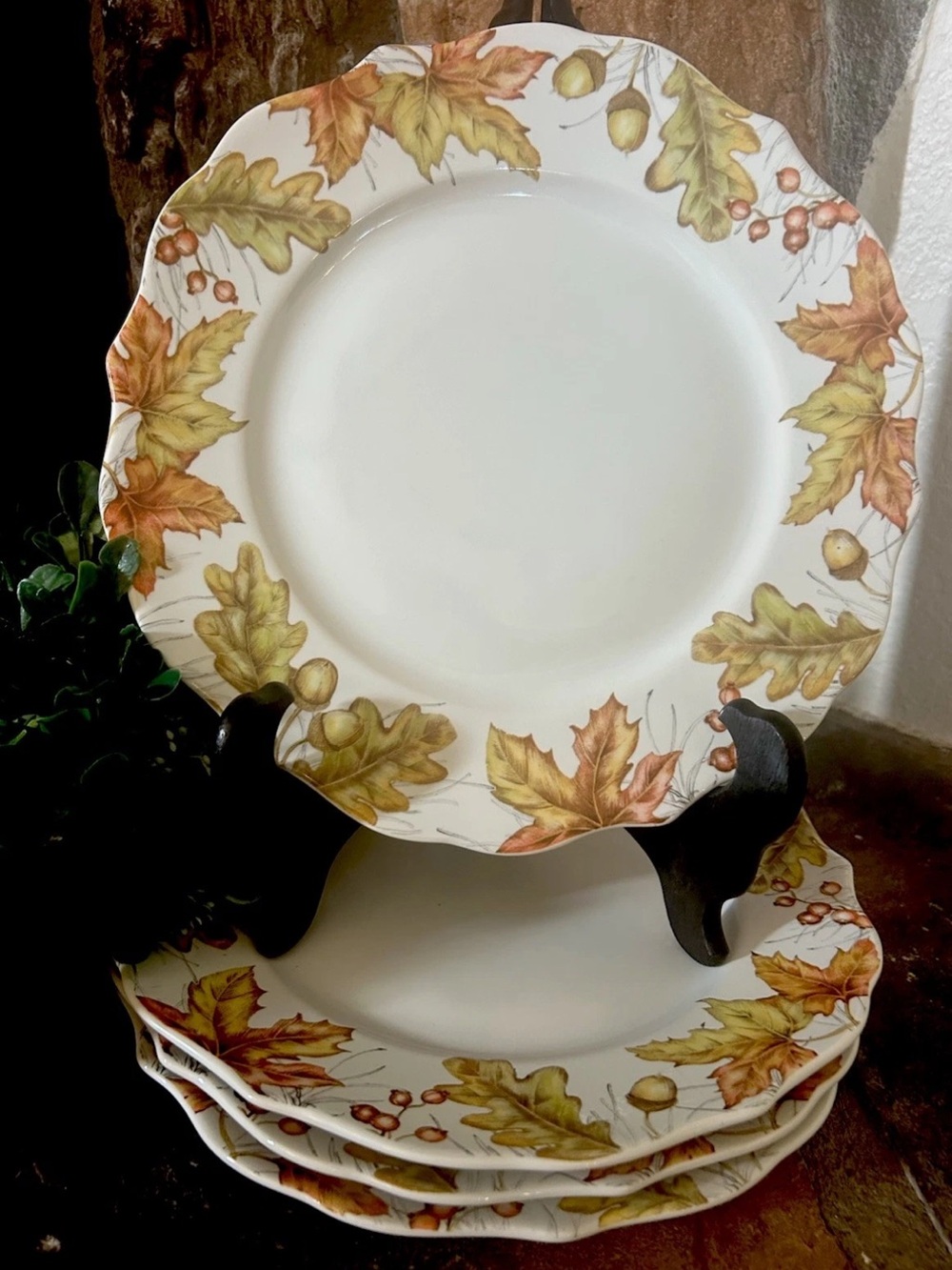 4 Pier 1 Mazey The Squirrel Fall Dinner Plates White Center 10 1/2" Excellent